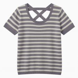 Fashion Comfortable Skin Friendly Knitted Lady Stripe T-shirt Wide Shoulder Strap Cross Shaped Top Lower