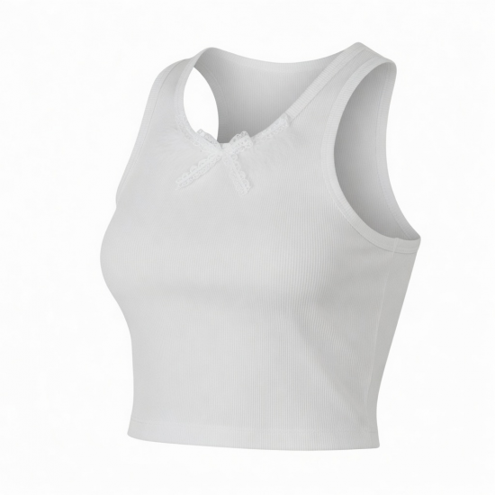 Summer Vest White Cotton Ribbed Crop Tank Top Breathable Sleeveless Racerback Bow Collar Lace Feather Crop