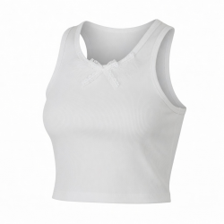 Summer Vest White Cotton Ribbed Crop Tank Top Breathable Sleeveless Racerback Bow Collar Lace Feather Crop