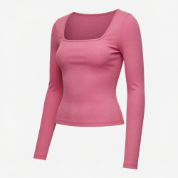 Y2K Hot Girl Sexy Long Sleeve T Shirt Square Neck Slim Short Threaded Pit Strips T-Shirt