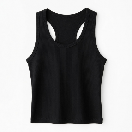 Summer Fitness Tank Tops Breathable Knitted Ribbed Casual Short Length Black Color