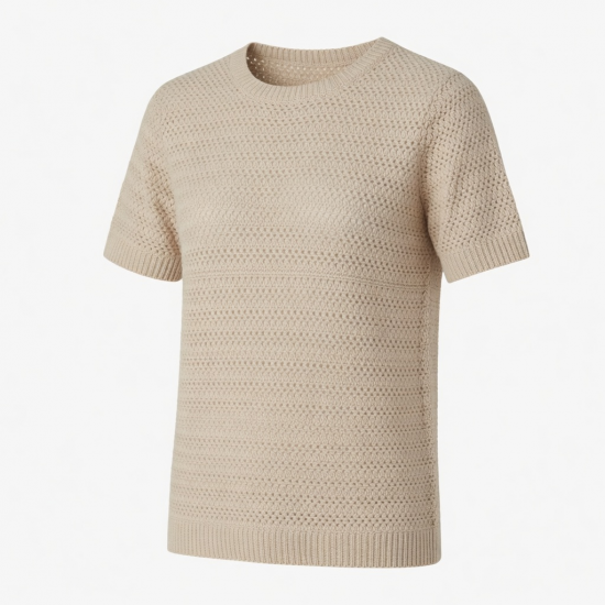 Solid Breathable Crocheted Casual T-shirt New Summer Short-sleeved Round-neck Top