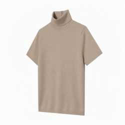 Hook Closure High Stretch Turtleneck Top Casual Slim Fit Short Sleeve Solid Color Summer Knitted