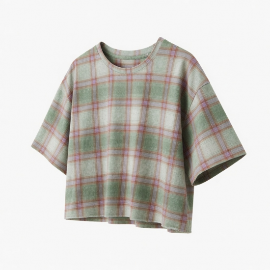 New Cute Loose Fashion Eco-Friendly Plaid Print Short Sleeve Crop Top Casual Gym T-shirt Washed Shirts
