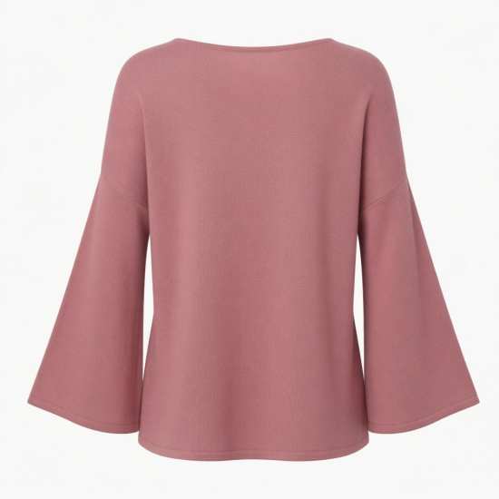 Breathable Knit Long Sleeve U Neck Flare Sleeve Loose Fit Solid Color Pullover Top Spring Summer Autumn
