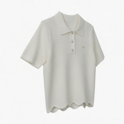 Ribbed Knit Polo Shirt with Pearl Detail, Scalloped Hem Short Sleeve Top